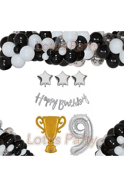 LOTUS PARTY 9 Year Old Black and White Themed Balloon Set - Black and White Balloon - Cup and Number Foil Balloon