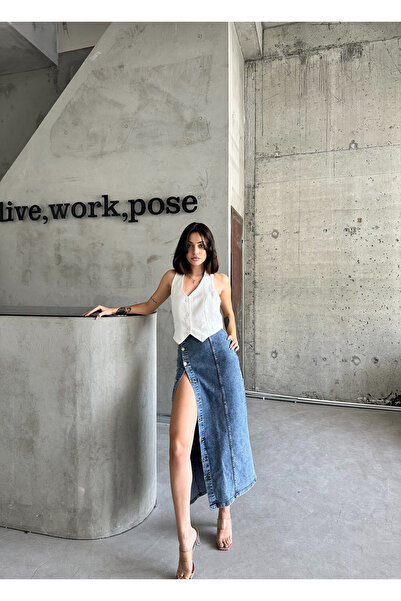 OXEDCO Light Blue Lycra Maxi Denim Women's Skirt - Buttoned