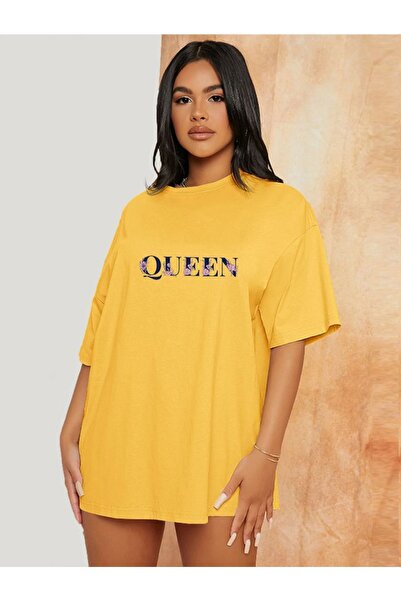 FECCY Oversize Çiçekli Queen Baskılı Kadın Sarı Tişört