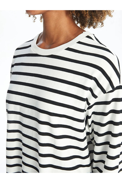 LC Waikiki Ecru Striped Crew Neck Long Sleeve Women's T-Shirt - Xside