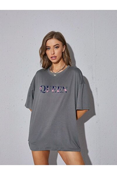 FECCY Queen Printed Oversize Floral Women's Anthracite T-Shirt