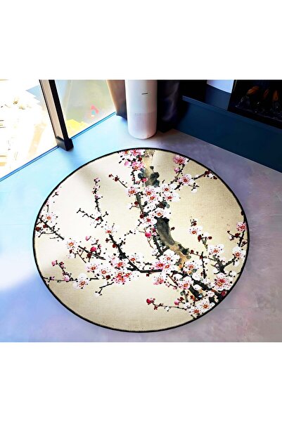 Rugs Modern Halı Gray Theme Tree Branch and Peach Blossom Patterned Round Wov...