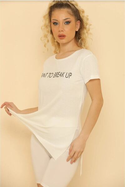 Jerusalema Krem Kadın Likralı Bisiklet Yaka Break Up Baskılı T-shirt