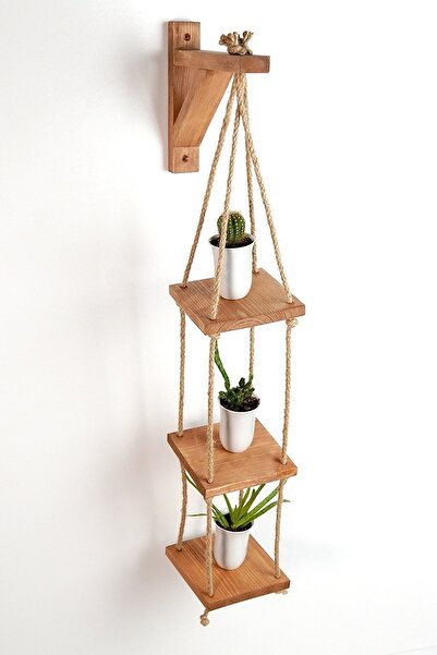 evbiziz Açık Ceviz Doğal Ahşap Çam Ipli Dekoratif Uçan Raf Saksılık Çiçeklik