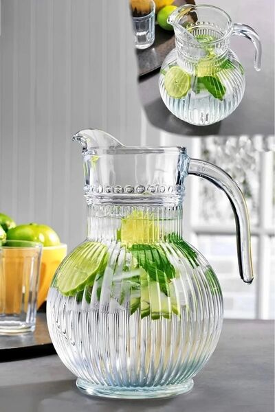 Porselen Diyarı Cam Tombul Çizgili Cam Sürahi 1,9 Litre