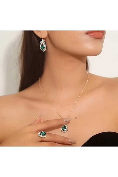 Beyna Gold Plated - Crystal Jewelled Necklace and Ring Set, Gift for Mother