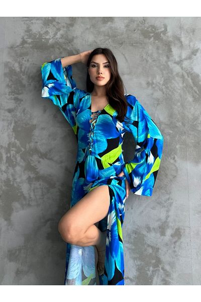 BRGCLOTHING Saks Blue Print - Rochie lungă cu dantelă și decolteu cu fantă laterală