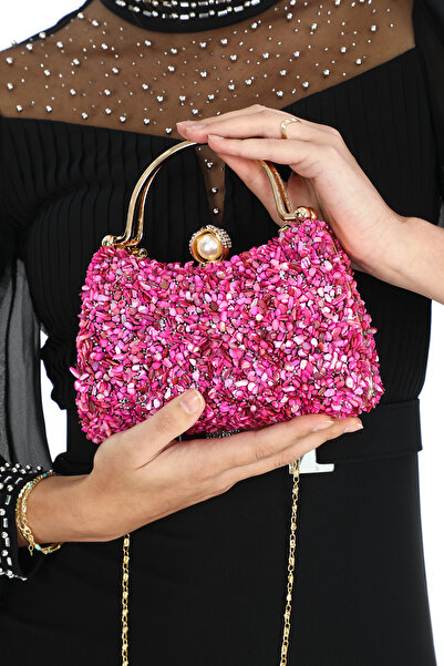 womenacs Fuchsia Jewelled Full Pebble Pearl Opening Knob Evening Clutch - for Wedding and Engagement Past