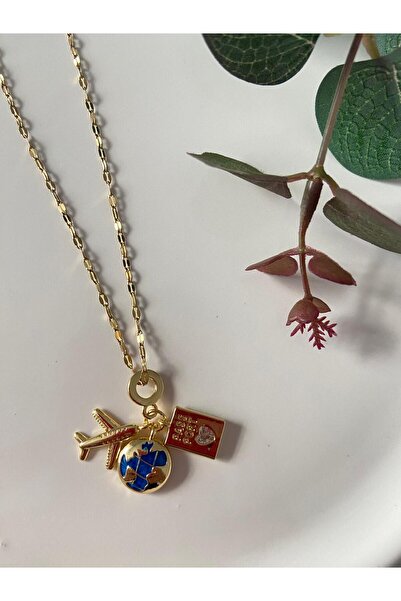 Morena Seyahat temalı charm Gold çelik kolye