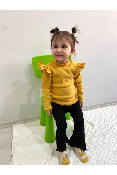 ARYA BABY Yarım Balıkçı Omuz Fırfır Detaylı Hardal Sarısı Bady, Siyah Ispanyo...