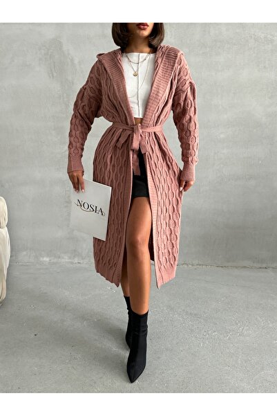 Nosia Standart Beden Renk Kapüşonlu,Kuşaklı, Desenli Uzun Triko Hırka
