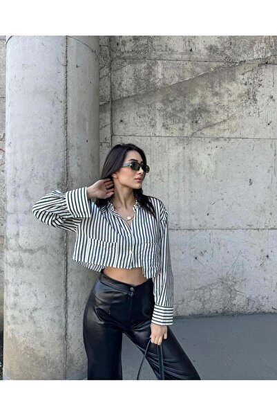 LEVABOUTIQUE Çizgili Cepli Crop Gömlek