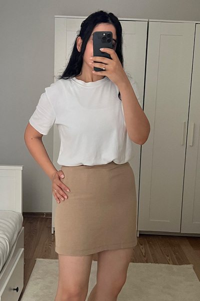 NN SISTER Keten Dokulu Krem Mini Etek