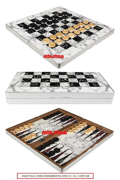 Miajima Black and White Marble Patterned Large Size Backgammon Set - Wooden Sequin and Checkers