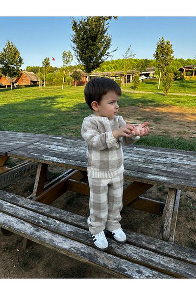 EYC BABY Plaid Patterned Crew Neck Knitwear Set - Lower and Upper Set