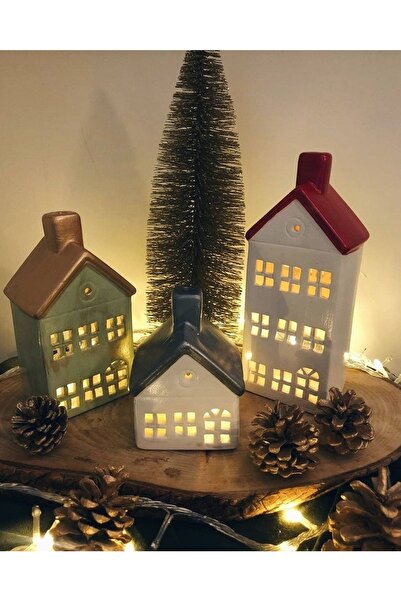 hobimekan Üçlü Seramik Yılbaşı Ev Mumluk Dekoratif Biblo Obje