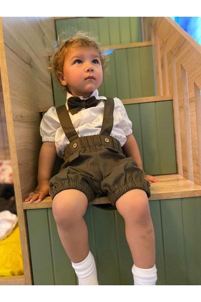 ykr design Khaki Shorts Salopette Shirt Bow Tie Set