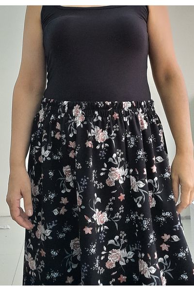 Mertcan Butik 6 τεμάχια μαύρη φούστα βισκόζης με λουλουδάτο σχέδιο - ελαστική μέση