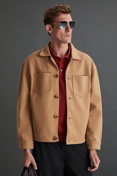 GRIMELANGE Axxent Men's Stamp Thick Fabric Shirt Collar Pocket Bomber Beige Jacket