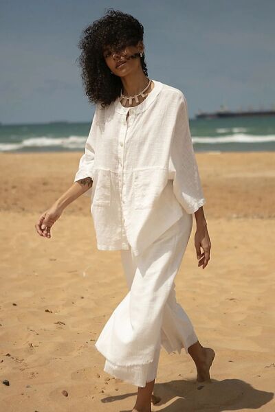 manana fashion Set cămașă cu pantaloni albi Boheme din in brut