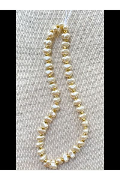 Stoneday Gold Detailed Phone Strap Charm Phone Accessory with White Trapezoid Pearls