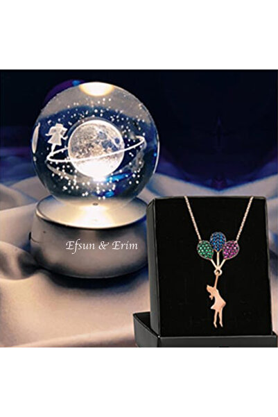 keyfim shop Kişiye Özel Satürn Işıklı Cam Küre 8cm*6cm Uçan Balonlu Kız Kolye