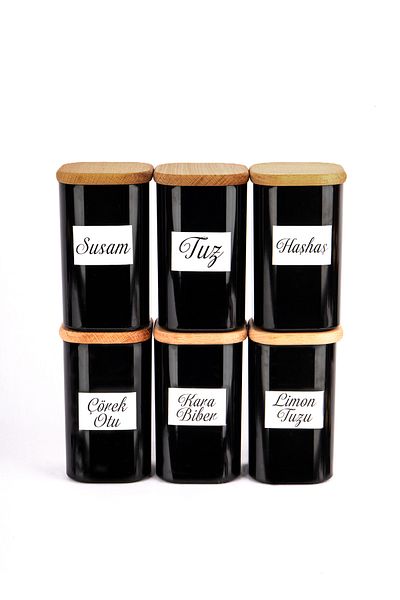 Lizzy 250 ml Vacuumed Bamboo - Black Acrylic Spice Bowl Set with 6 Labels as a Gift