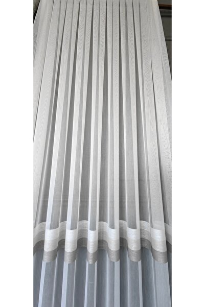 Yuka Κρεμ Λευκό Καφέ Οριζόντια Ρίγα 1/3 Σφιχτή Πιέτα Εκρού Τούλι Κουρτίνα Χωρίς ζάρες Δεν Ζητεί Σιδέρωμα