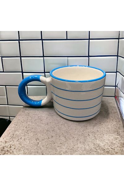 İZart Single Knot Handle Blue Striped Handmade Ceramic Mug