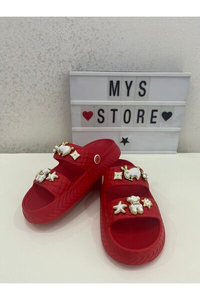 Apella Kadın Taşlı Kalın Taban Kırmızı Terlik