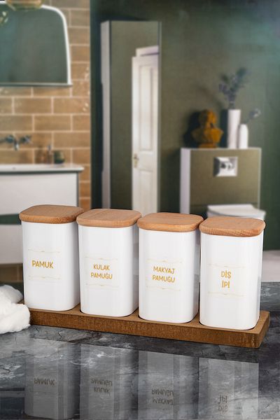 Lizzy 4-Piece White Ear Cotton - Wooden Base, Cotton, Makeup, Floss Jar Acrylic