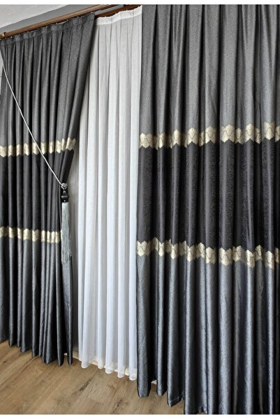 Yuka Gray Anthracite Jacquard Panel Background - Single Wing, Close Pleated, Shiny Design