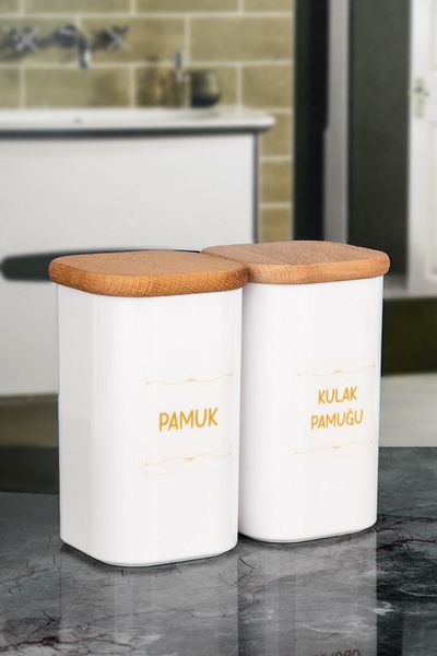 Lizzy White Ear Cotton - 2-Piece Cotton and Make-Up Acrylic Floss Jar with Wooden Lid