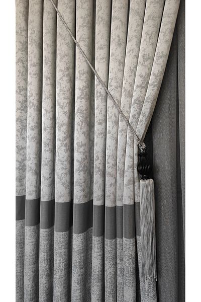 Yuka Fundal cu panou cortină gri - dungi antracit, o singură aripă, jacquard și modele strălucitoare