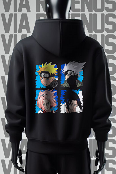 Vordevia Hanorac negru cu glugă Naruto cu 3 fire Wide Mold - Imprimat față și...