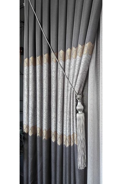Yuka Light Gray Jacquard - Single Wing Shiny Board Background Curtain with Gold Stripe and Tight Pleats