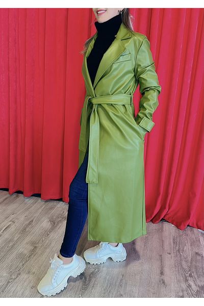 MISSY WINGS Women's Green Leather Trench Coat