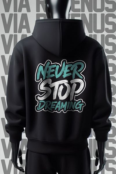 Vordevia Never Stop Dreaming - Φούτερ με μαύρη κουκούλα με στάμπα μπροστά και πίσω, φαρδιά εφαρμογή με 3 νήματα