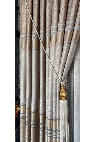 Yuka Shiny Panel Background Curtain - Gold Stripe, Single Wing, Close Pleated Jacquard