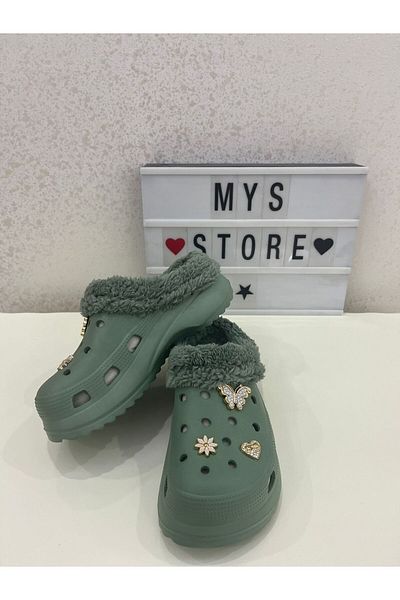 Akınal Bella Green Stone Detailed Women's Winter Slippers