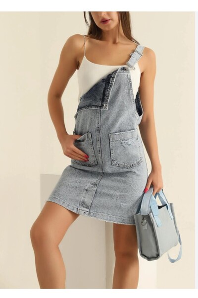 BircanButik Buz Mavisi Jeans Salopet Elbise