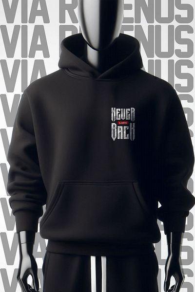 Vordevia Hanorac negru cu glugă - Never Look Back, imprimat față și spate, cu 3 fire largi