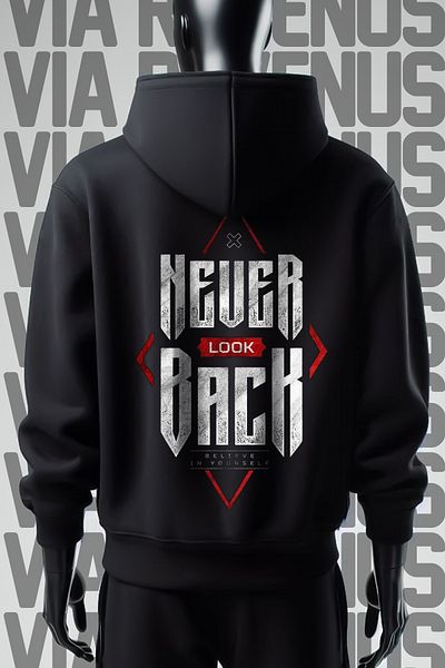 Vordevia Hanorac negru cu glugă - Never Look Back, imprimat față și spate, cu 3 fire largi
