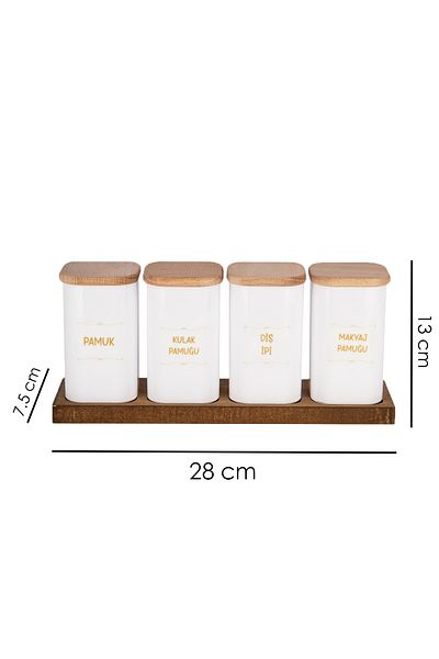 Lizzy 4-Piece White Ear Cotton - Wooden Base, Cotton, Makeup, Floss Jar Acrylic