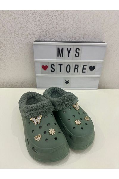 Akınal Bella Green Stone Detailed Women's Winter Slippers