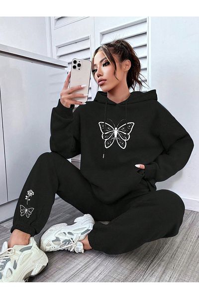 MODARİCH Φούτερ με στάμπα Black Butterfly Rose και Σετ φόρμας Jogger - Hooded