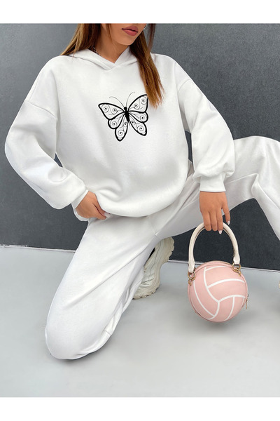 MODARİCH طقم سويت شيرت وبدلة رياضية بطبعة فراشة وردية باللون الأبيض - بغطاء ل...