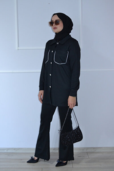 ASELA. مجموعة مزدوجة من المنشار الأسود بتفاصيل أزرار حجرية