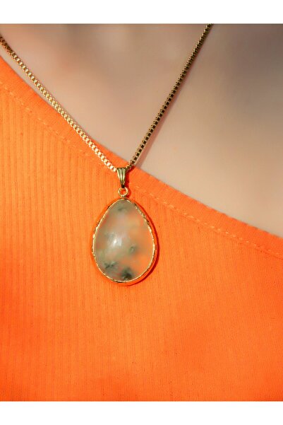 esha Doğal Taş Prehnit Doğal Taşlı Kadın Altın Kaplama Kolye 40cm Zincirli euk20p