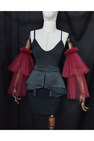 es moda shop Karina iki katmanlı uzun tül kolluk bordo